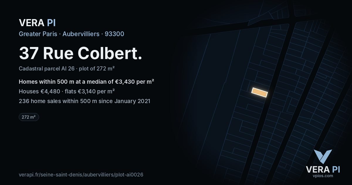 37 Rue Colbert, Aubervilliers at night – the plot lit, the parcels around coloured by the prices near them