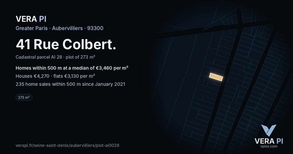 41 Rue Colbert, Aubervilliers at night – the plot lit, the parcels around coloured by the prices near them
