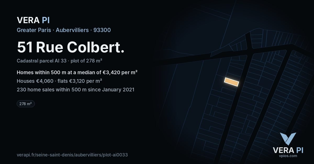 51 Rue Colbert, Aubervilliers at night – the plot lit, the parcels around coloured by the prices near them