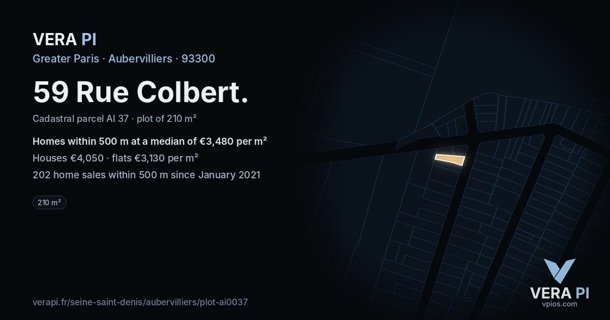 59 Rue Colbert, Aubervilliers at night – the plot lit, the parcels around coloured by the prices near them