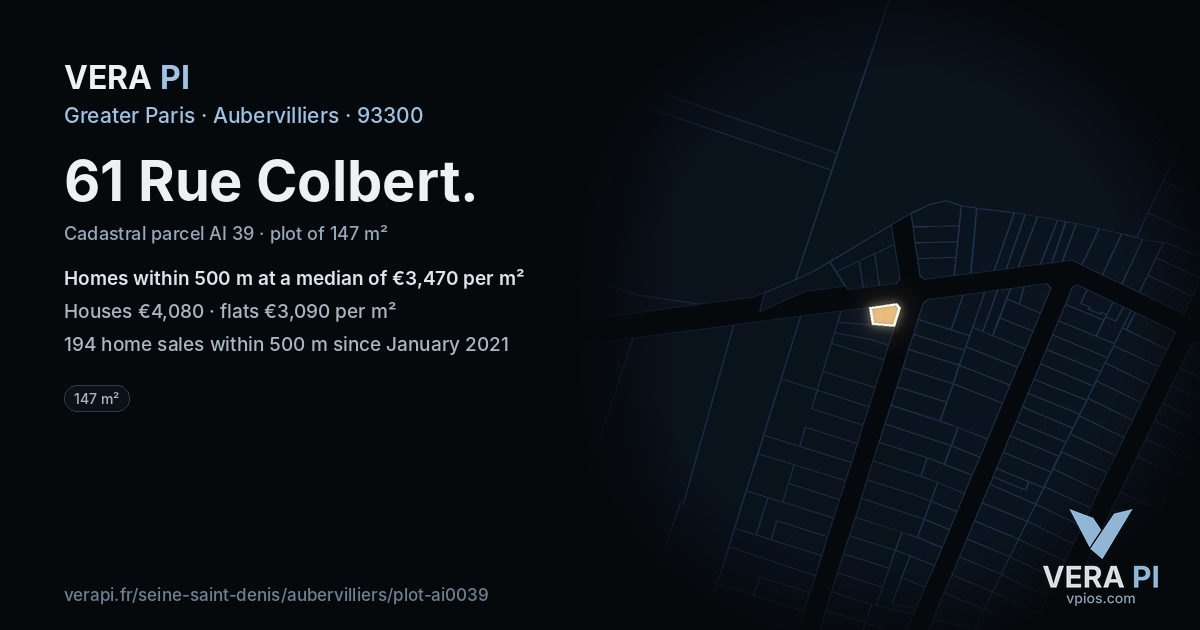 61 Rue Colbert, Aubervilliers at night – the plot lit, the parcels around coloured by the prices near them