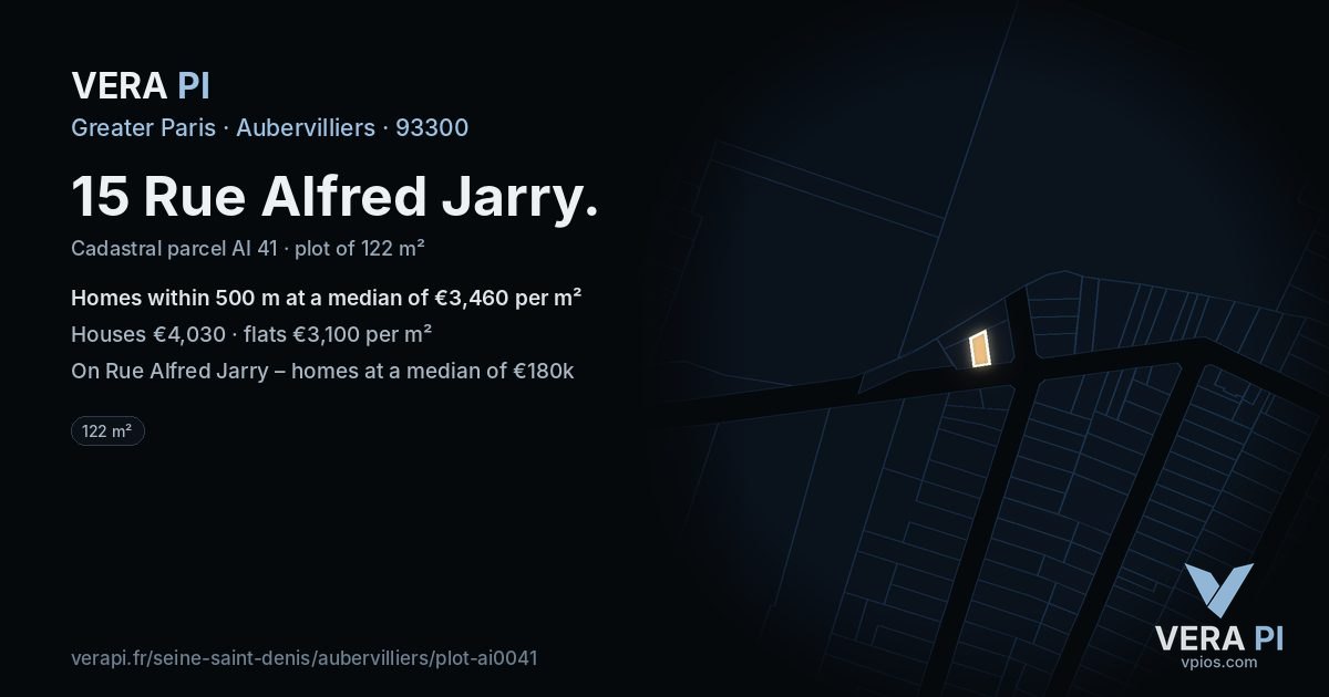 15 Rue Alfred Jarry, Aubervilliers at night – the plot lit, the parcels around coloured by the prices near them