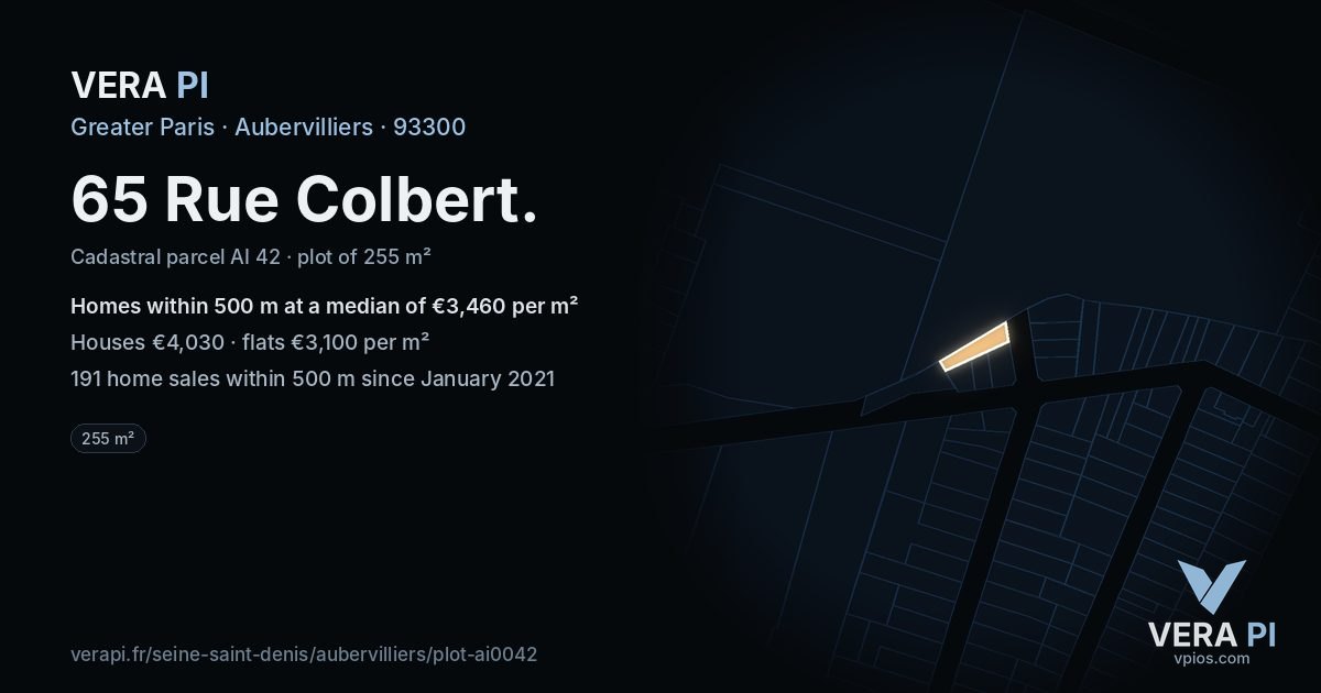 65 Rue Colbert, Aubervilliers at night – the plot lit, the parcels around coloured by the prices near them