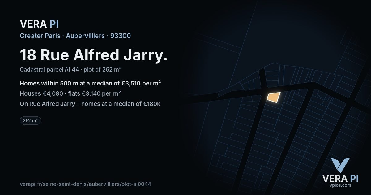 18 Rue Alfred Jarry, Aubervilliers at night – the plot lit, the parcels around coloured by the prices near them