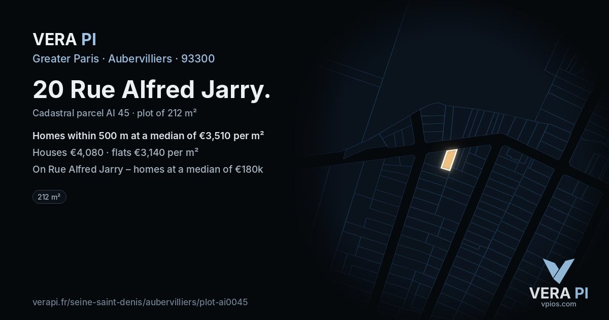 20 Rue Alfred Jarry, Aubervilliers at night – the plot lit, the parcels around coloured by the prices near them
