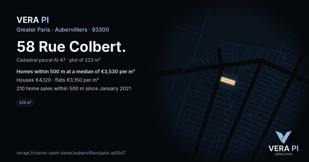 58 Rue Colbert, Aubervilliers at night – the plot lit, the parcels around coloured by the prices near them