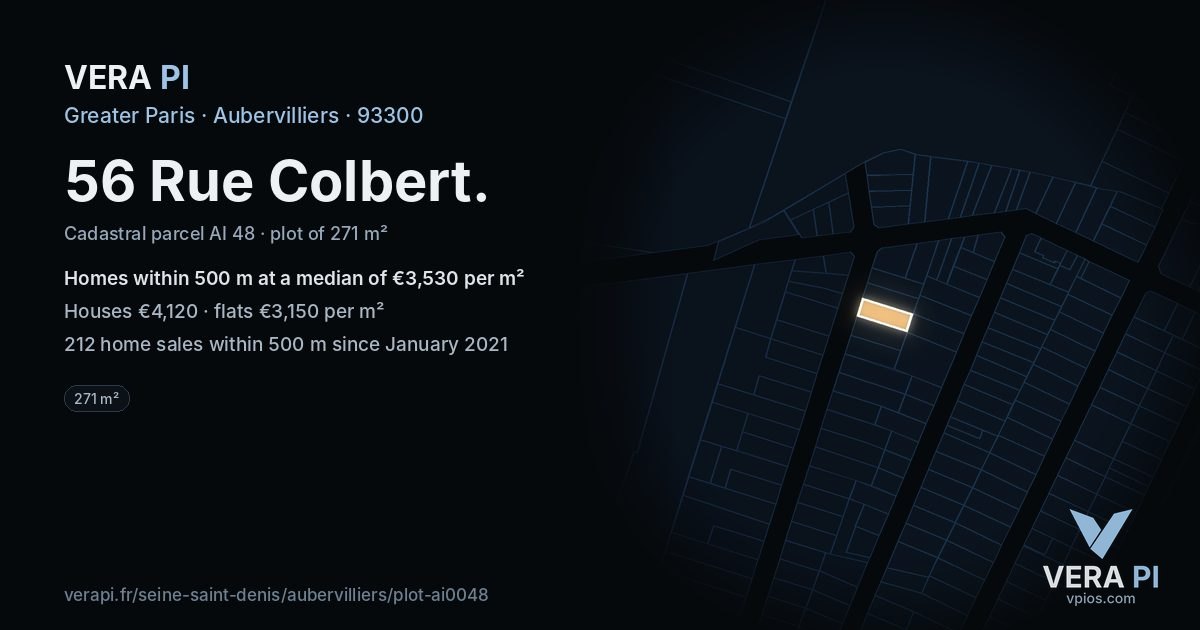 56 Rue Colbert, Aubervilliers at night – the plot lit, the parcels around coloured by the prices near them