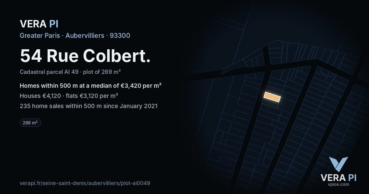 54 Rue Colbert, Aubervilliers at night – the plot lit, the parcels around coloured by the prices near them
