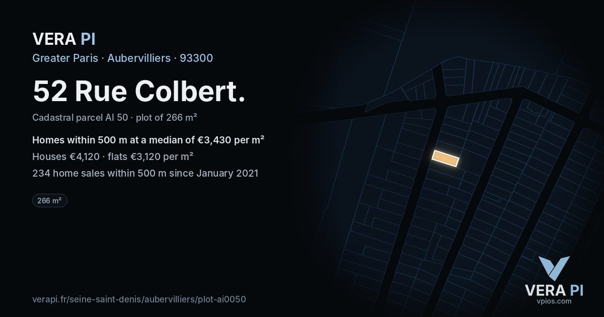 52 Rue Colbert, Aubervilliers at night – the plot lit, the parcels around coloured by the prices near them