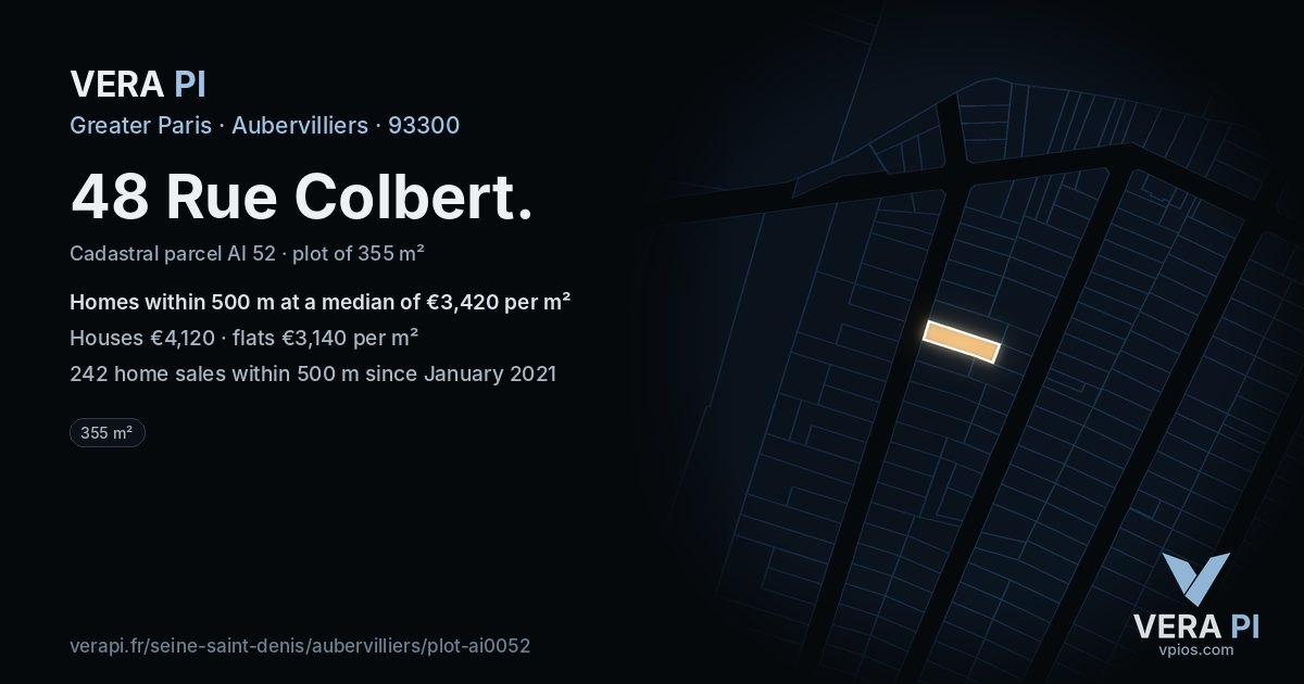 48 Rue Colbert, Aubervilliers at night – the plot lit, the parcels around coloured by the prices near them