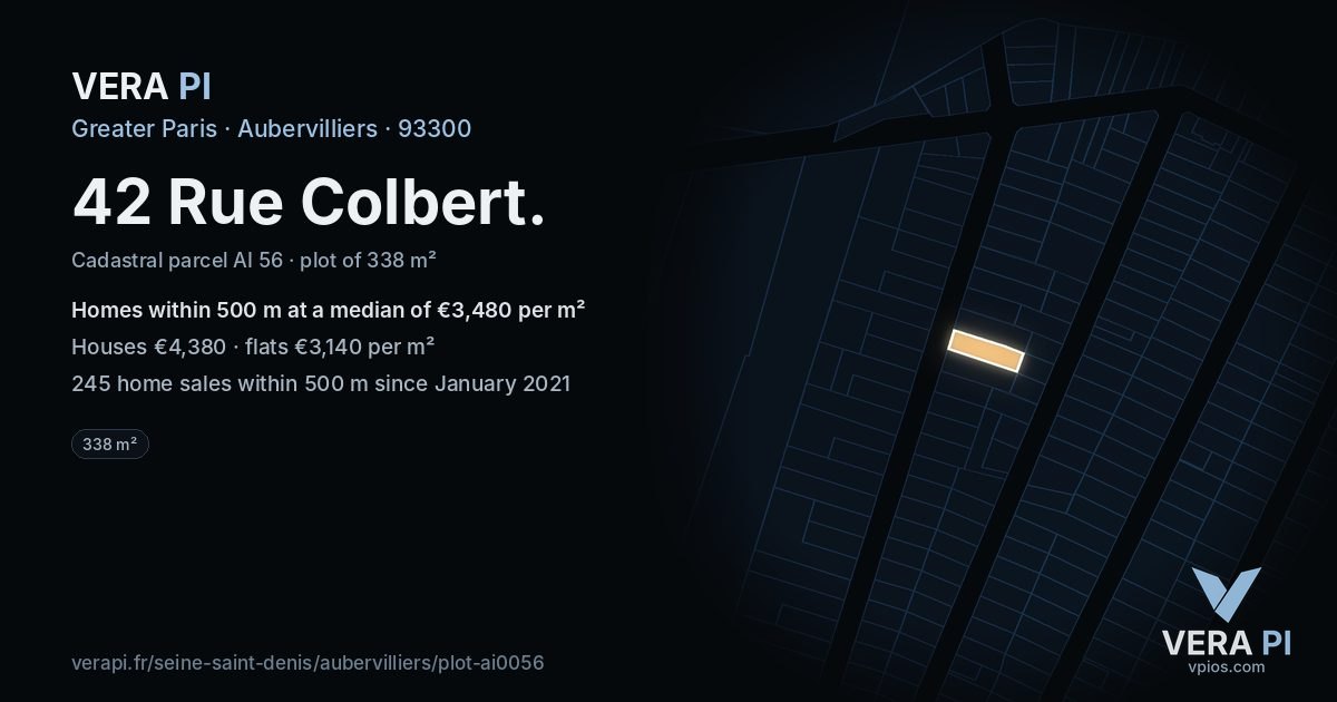 42 Rue Colbert, Aubervilliers at night – the plot lit, the parcels around coloured by the prices near them