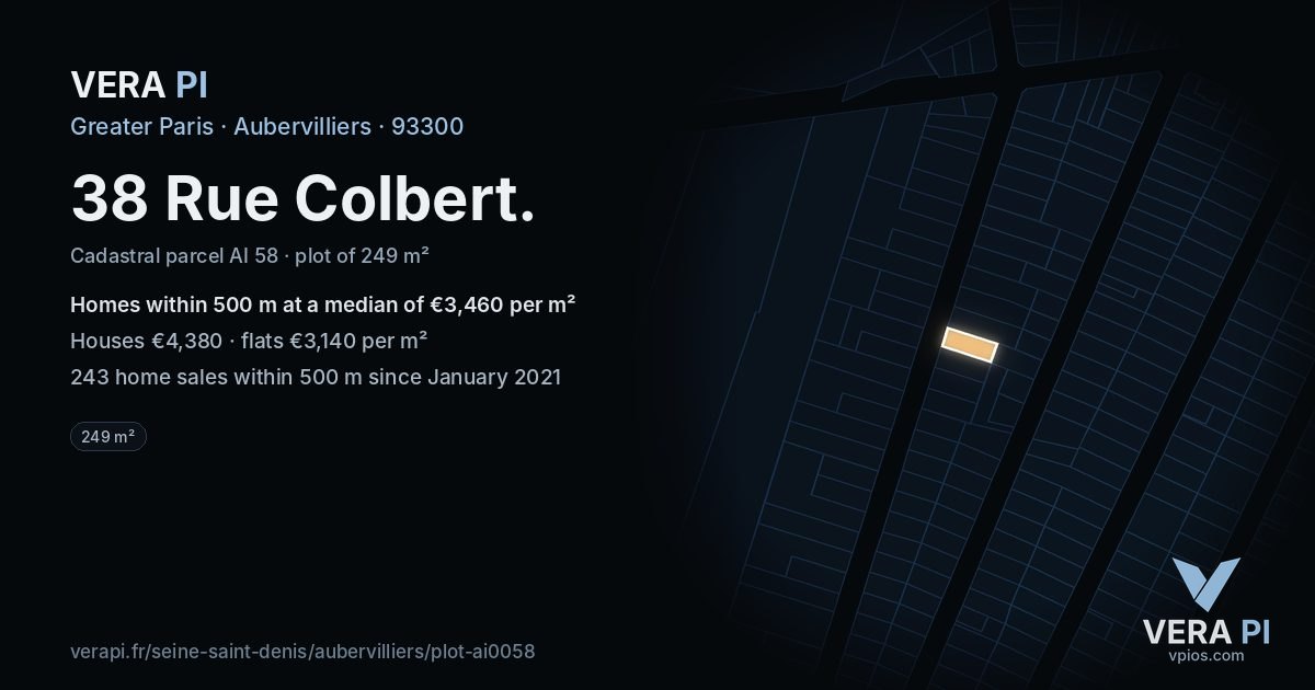 38 Rue Colbert, Aubervilliers at night – the plot lit, the parcels around coloured by the prices near them
