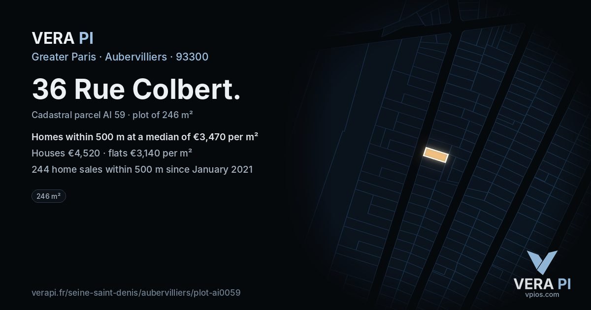 36 Rue Colbert, Aubervilliers at night – the plot lit, the parcels around coloured by the prices near them