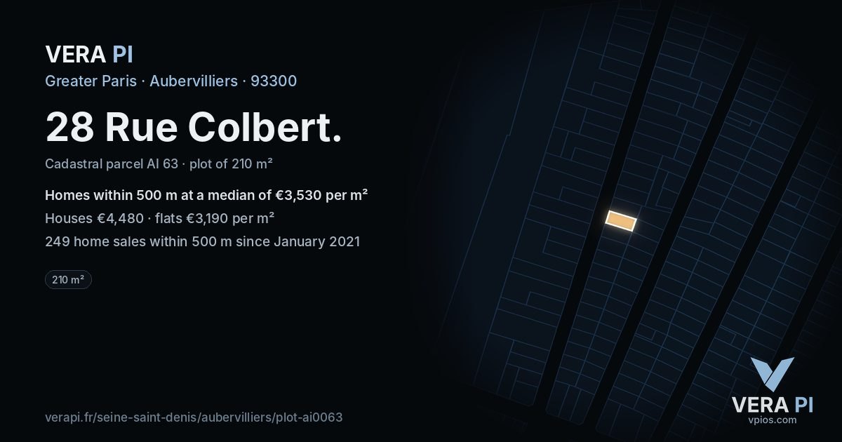 28 Rue Colbert, Aubervilliers at night – the plot lit, the parcels around coloured by the prices near them