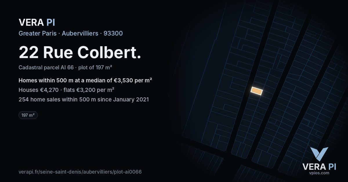 22 Rue Colbert, Aubervilliers at night – the plot lit, the parcels around coloured by the prices near them