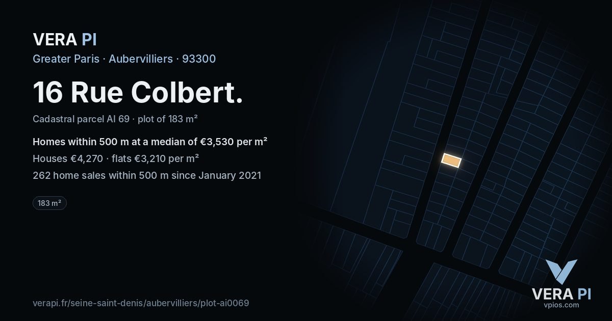 16 Rue Colbert, Aubervilliers at night – the plot lit, the parcels around coloured by the prices near them