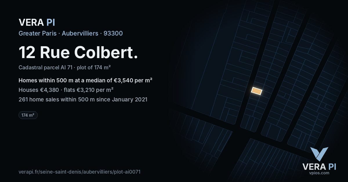 12 Rue Colbert, Aubervilliers at night – the plot lit, the parcels around coloured by the prices near them