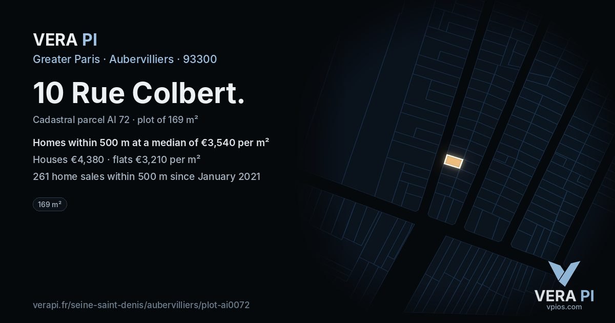 10 Rue Colbert, Aubervilliers at night – the plot lit, the parcels around coloured by the prices near them