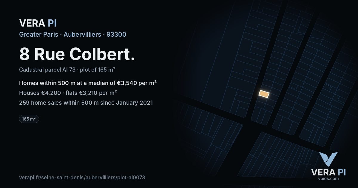 8 Rue Colbert, Aubervilliers at night – the plot lit, the parcels around coloured by the prices near them