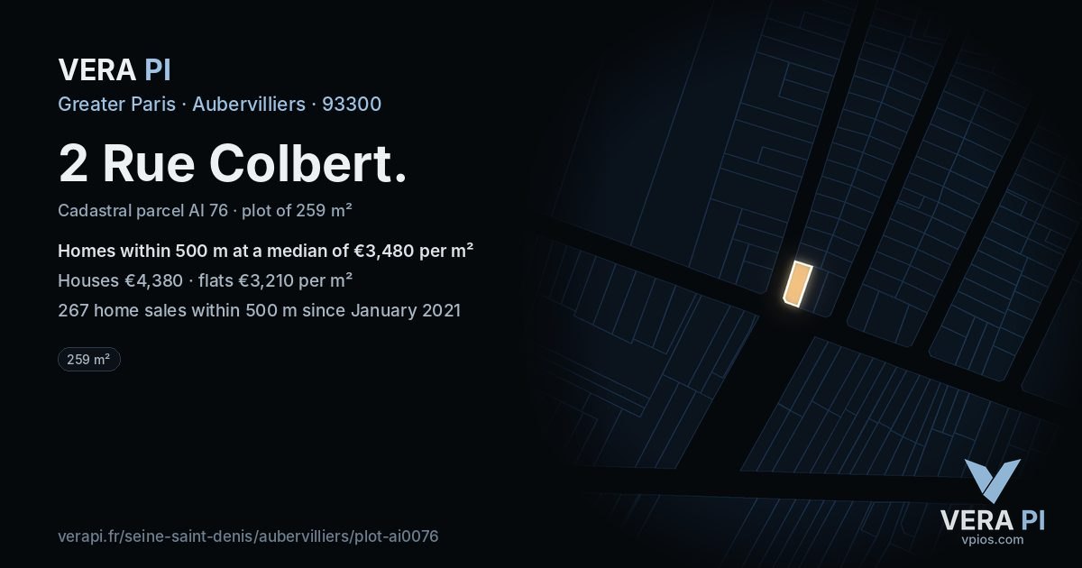 2 Rue Colbert, Aubervilliers at night – the plot lit, the parcels around coloured by the prices near them