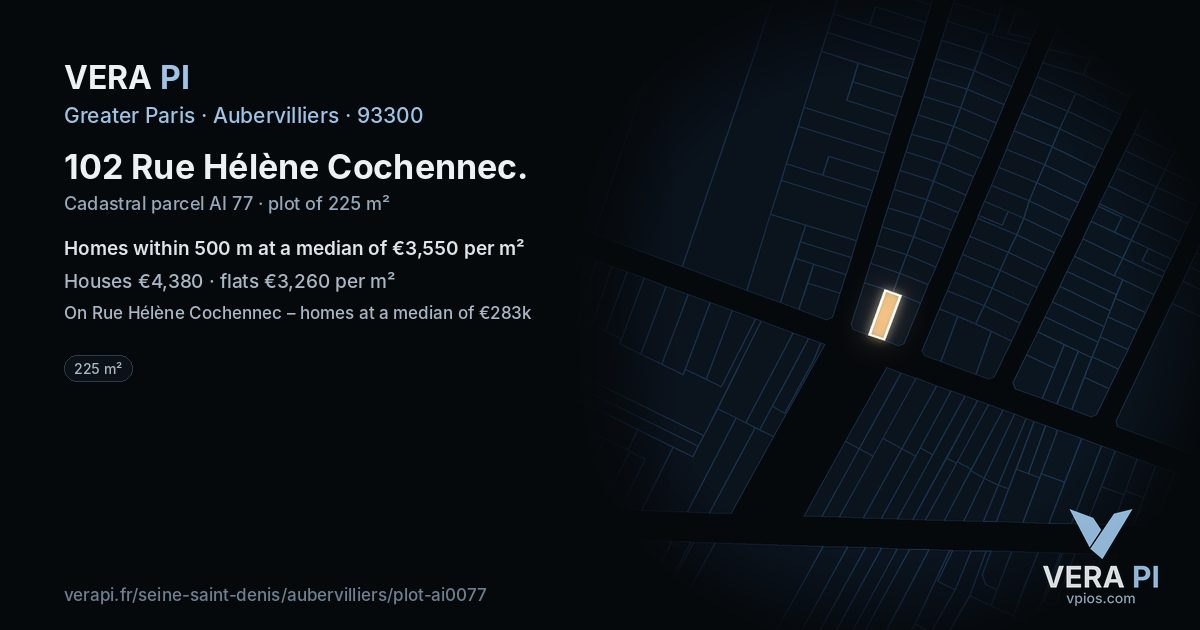 102 Rue Hélène Cochennec, Aubervilliers at night – the plot lit, the parcels around coloured by the prices near them