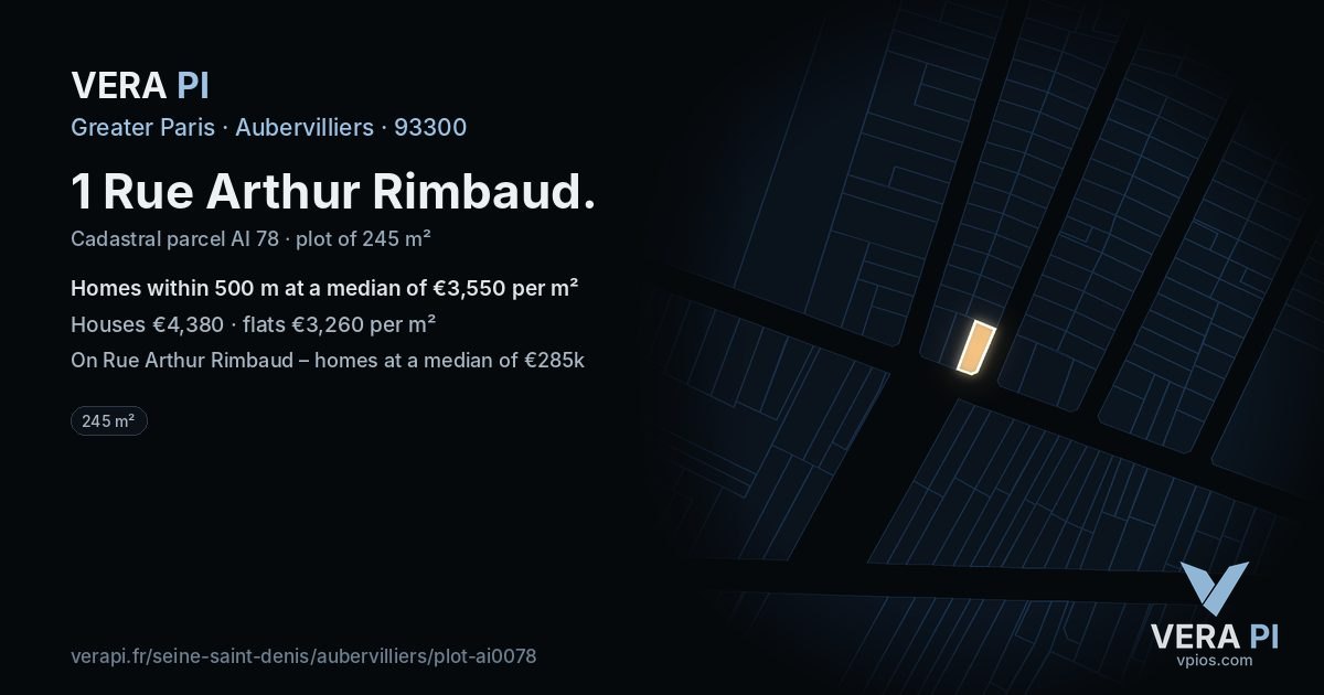 1 Rue Arthur Rimbaud, Aubervilliers at night – the plot lit, the parcels around coloured by the prices near them