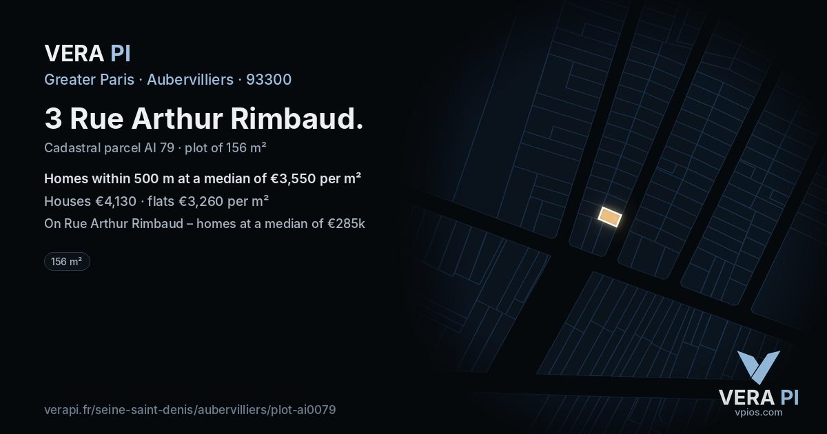 3 Rue Arthur Rimbaud, Aubervilliers at night – the plot lit, the parcels around coloured by the prices near them