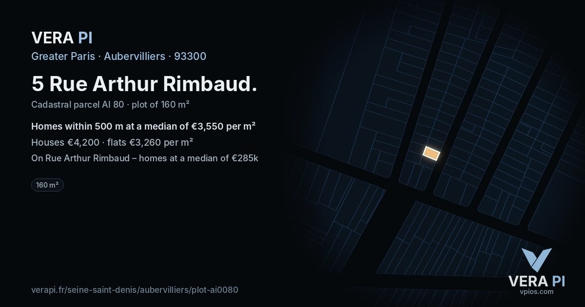 5 Rue Arthur Rimbaud, Aubervilliers at night – the plot lit, the parcels around coloured by the prices near them