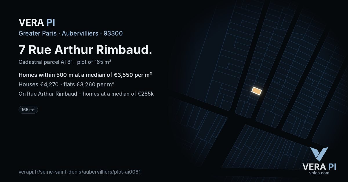 7 Rue Arthur Rimbaud, Aubervilliers at night – the plot lit, the parcels around coloured by the prices near them