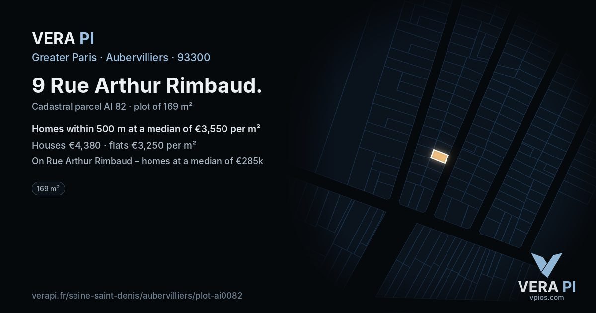 9 Rue Arthur Rimbaud, Aubervilliers at night – the plot lit, the parcels around coloured by the prices near them