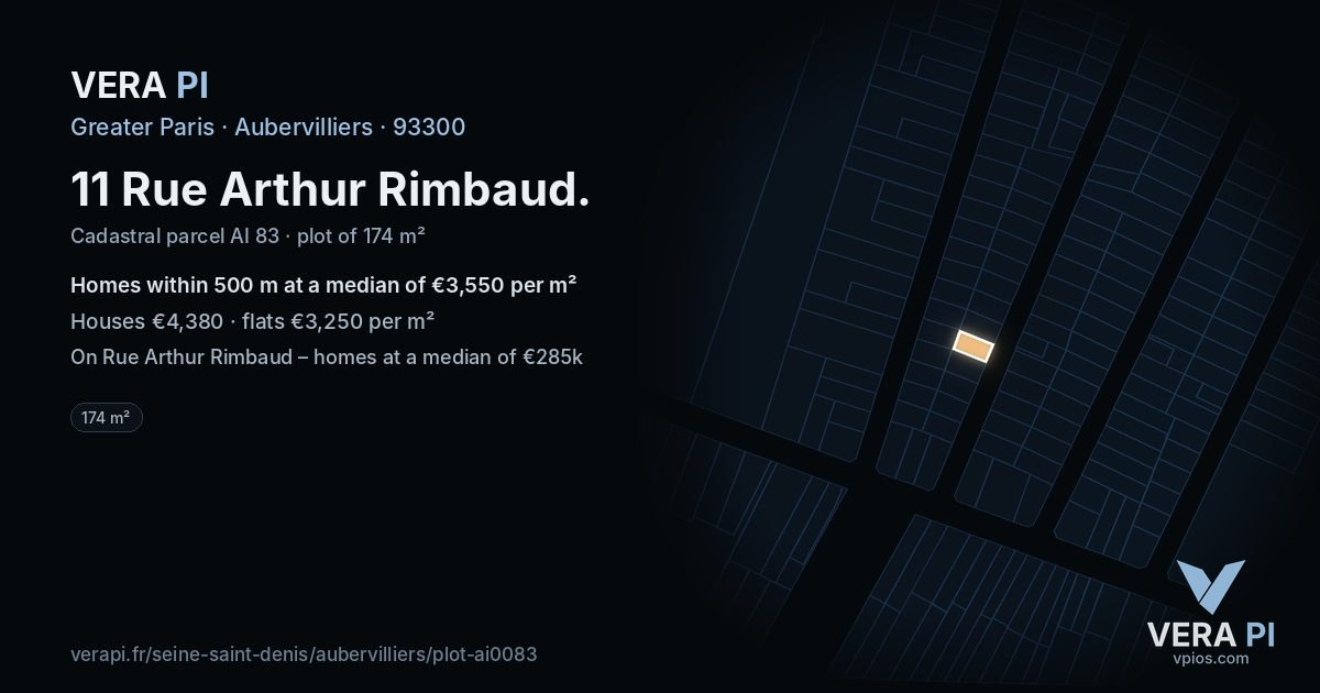 11 Rue Arthur Rimbaud, Aubervilliers at night – the plot lit, the parcels around coloured by the prices near them