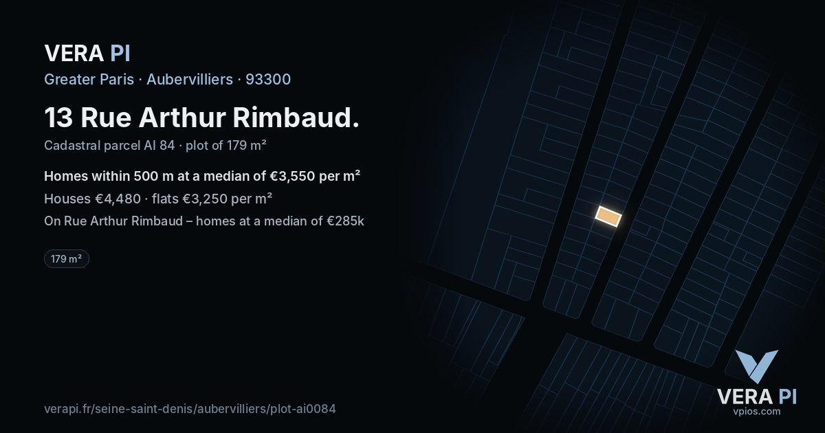 13 Rue Arthur Rimbaud, Aubervilliers at night – the plot lit, the parcels around coloured by the prices near them