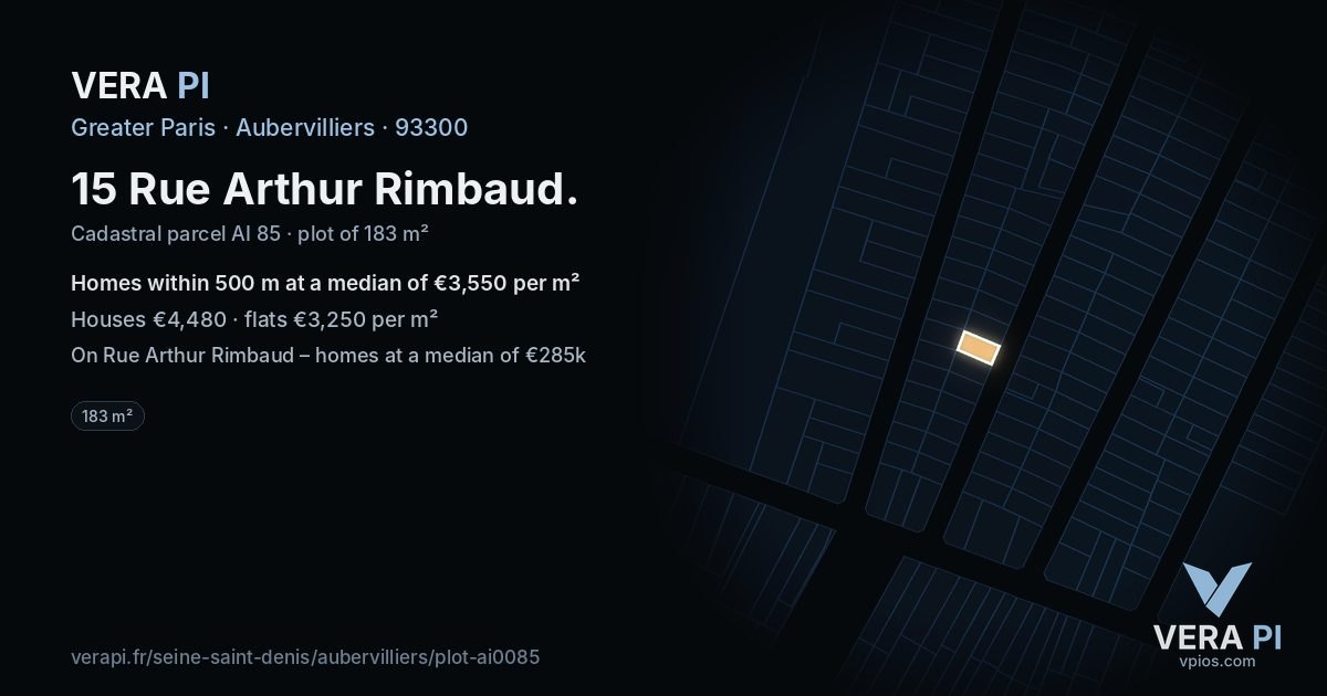 15 Rue Arthur Rimbaud, Aubervilliers at night – the plot lit, the parcels around coloured by the prices near them