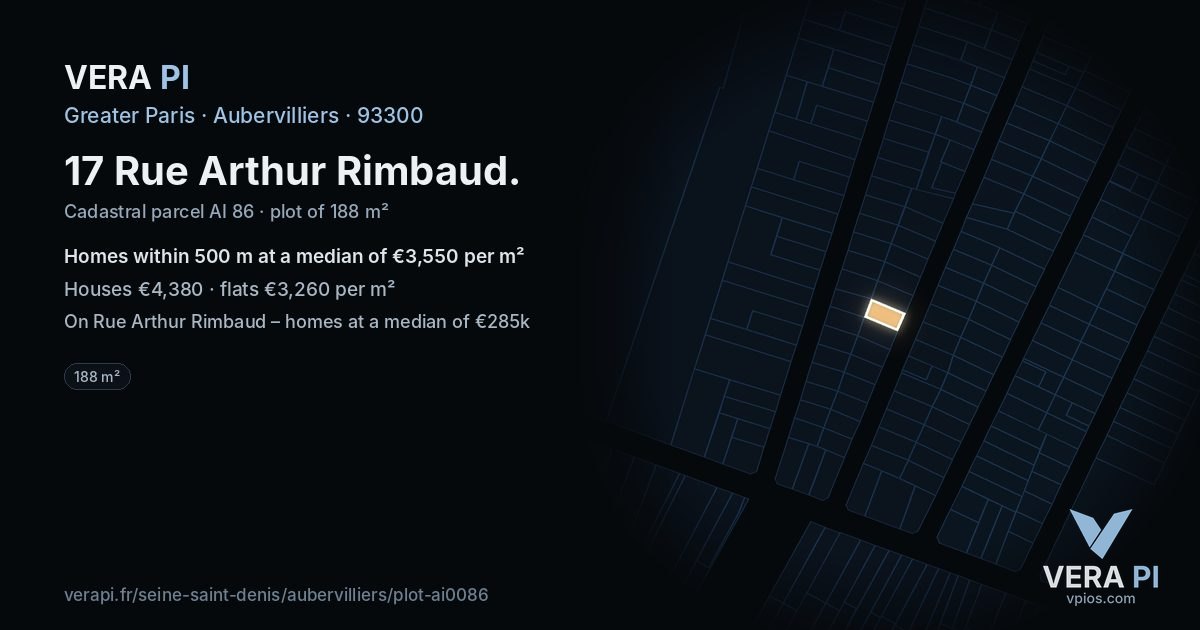 17 Rue Arthur Rimbaud, Aubervilliers at night – the plot lit, the parcels around coloured by the prices near them