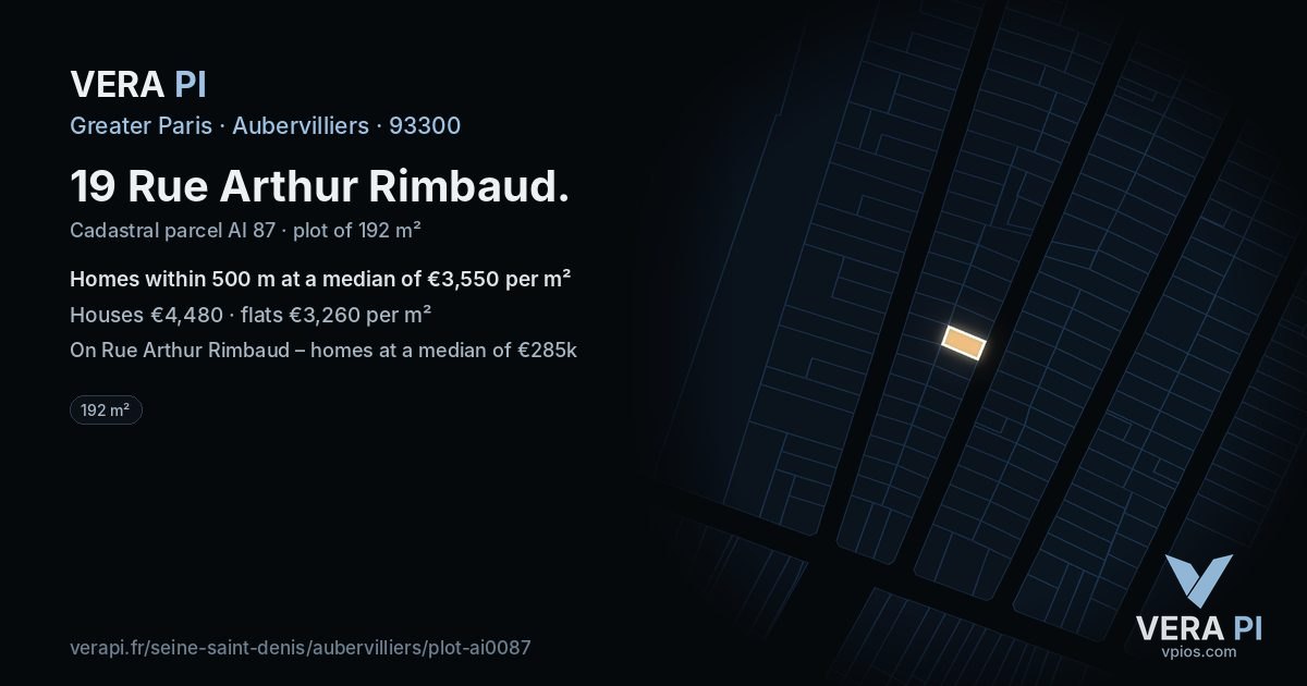 19 Rue Arthur Rimbaud, Aubervilliers at night – the plot lit, the parcels around coloured by the prices near them