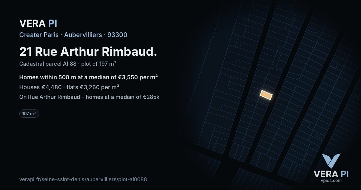 21 Rue Arthur Rimbaud, Aubervilliers at night – the plot lit, the parcels around coloured by the prices near them