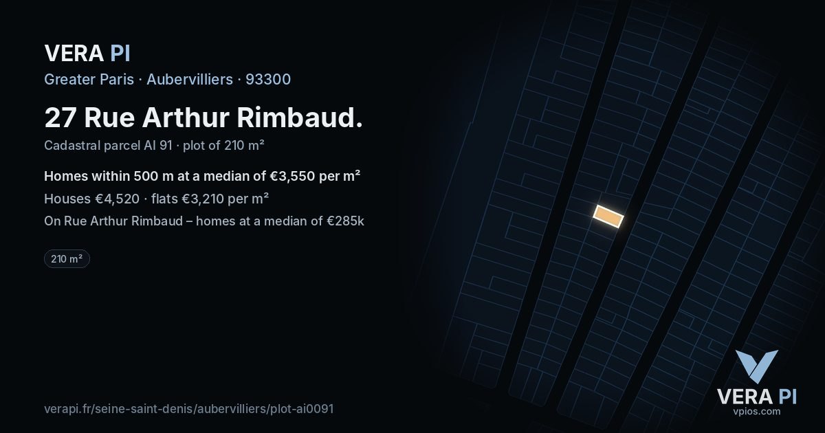 27 Rue Arthur Rimbaud, Aubervilliers at night – the plot lit, the parcels around coloured by the prices near them