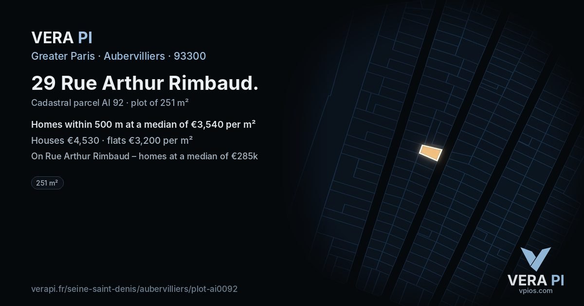 29 Rue Arthur Rimbaud, Aubervilliers at night – the plot lit, the parcels around coloured by the prices near them