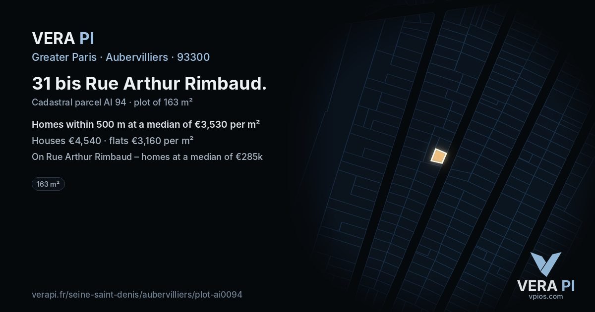 31 bis Rue Arthur Rimbaud, Aubervilliers at night – the plot lit, the parcels around coloured by the prices near them