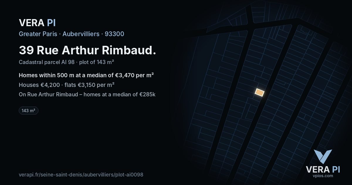 39 Rue Arthur Rimbaud, Aubervilliers at night – the plot lit, the parcels around coloured by the prices near them