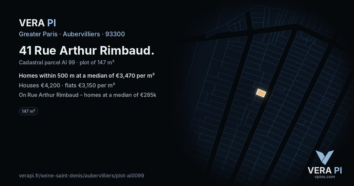 41 Rue Arthur Rimbaud, Aubervilliers at night – the plot lit, the parcels around coloured by the prices near them