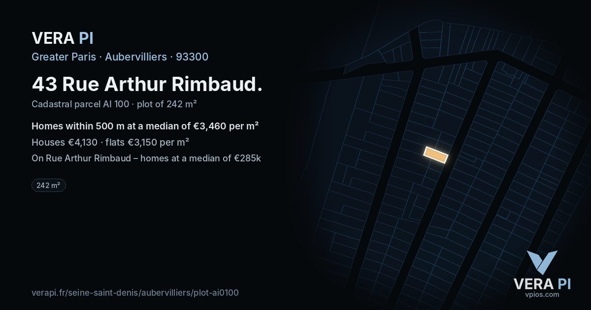 43 Rue Arthur Rimbaud, Aubervilliers at night – the plot lit, the parcels around coloured by the prices near them