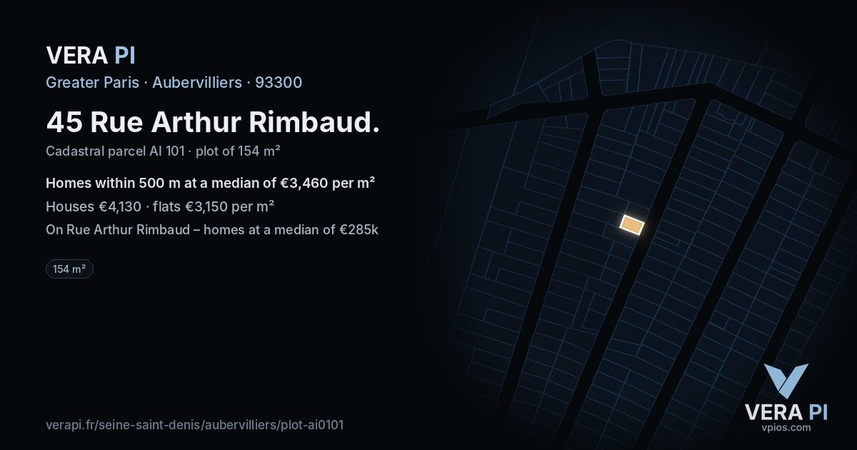 45 Rue Arthur Rimbaud, Aubervilliers at night – the plot lit, the parcels around coloured by the prices near them
