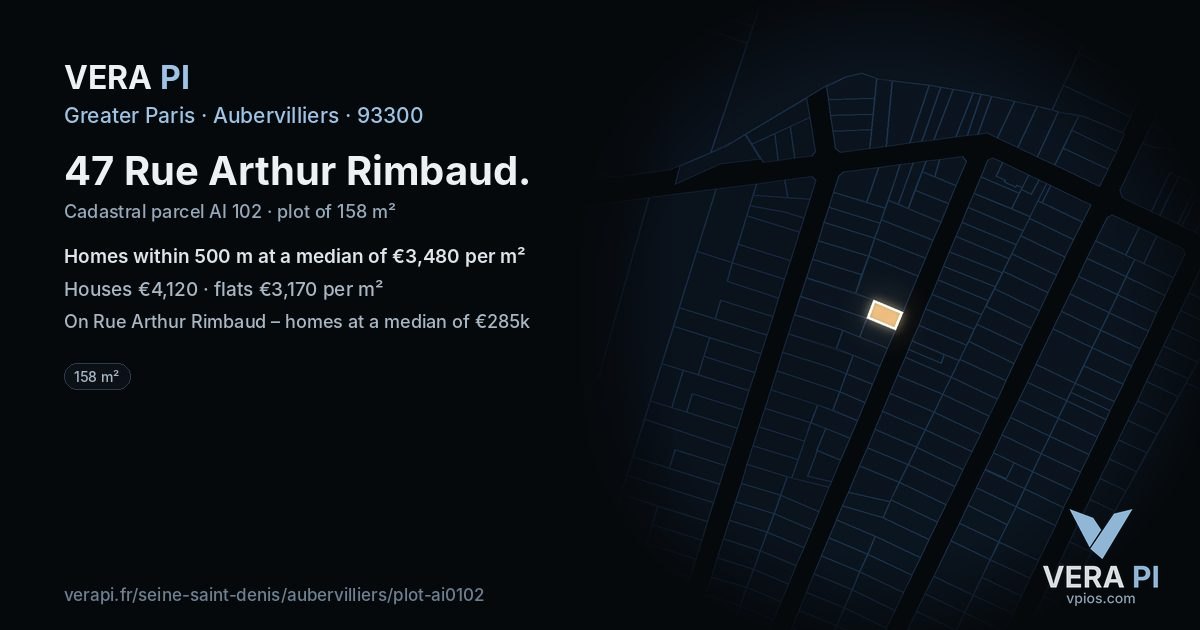 47 Rue Arthur Rimbaud, Aubervilliers at night – the plot lit, the parcels around coloured by the prices near them