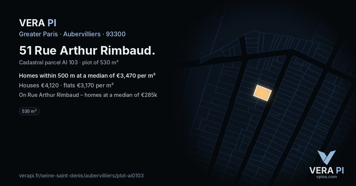 51 Rue Arthur Rimbaud, Aubervilliers at night – the plot lit, the parcels around coloured by the prices near them