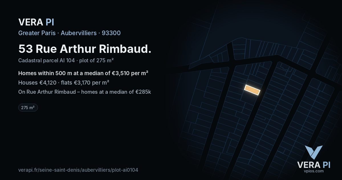 53 Rue Arthur Rimbaud, Aubervilliers at night – the plot lit, the parcels around coloured by the prices near them