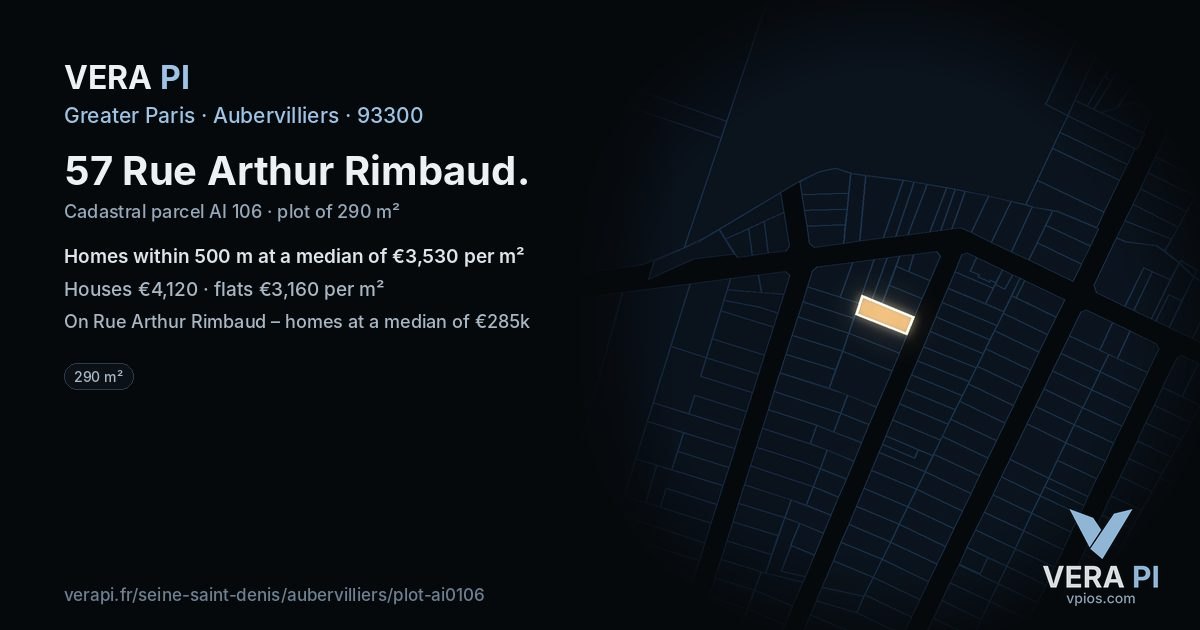 57 Rue Arthur Rimbaud, Aubervilliers at night – the plot lit, the parcels around coloured by the prices near them