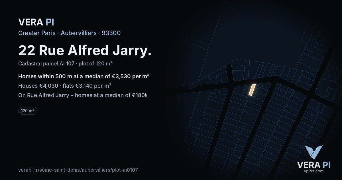 22 Rue Alfred Jarry, Aubervilliers at night – the plot lit, the parcels around coloured by the prices near them