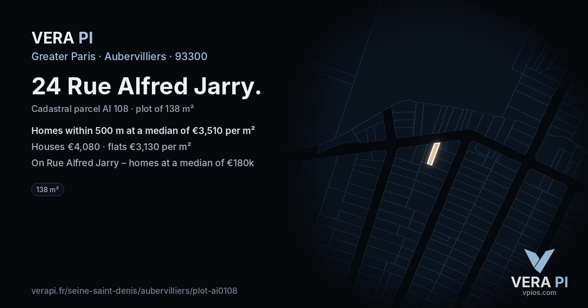 24 Rue Alfred Jarry, Aubervilliers at night – the plot lit, the parcels around coloured by the prices near them