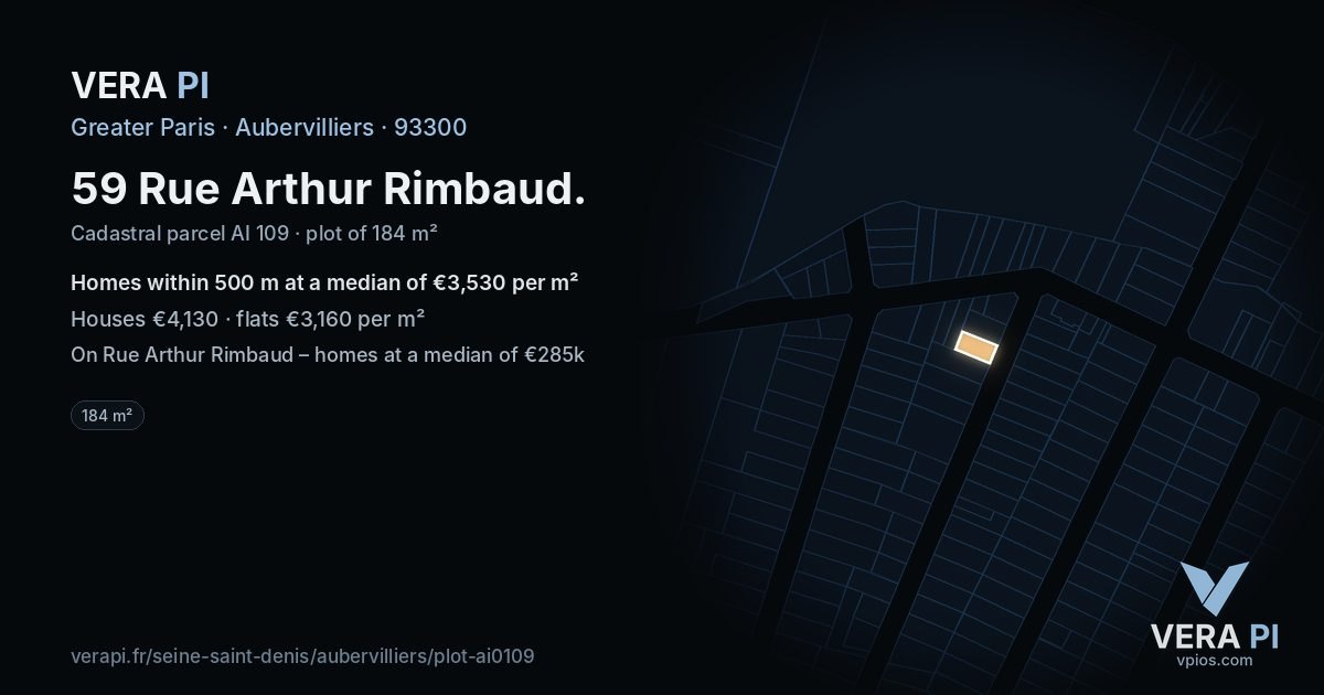 59 Rue Arthur Rimbaud, Aubervilliers at night – the plot lit, the parcels around coloured by the prices near them